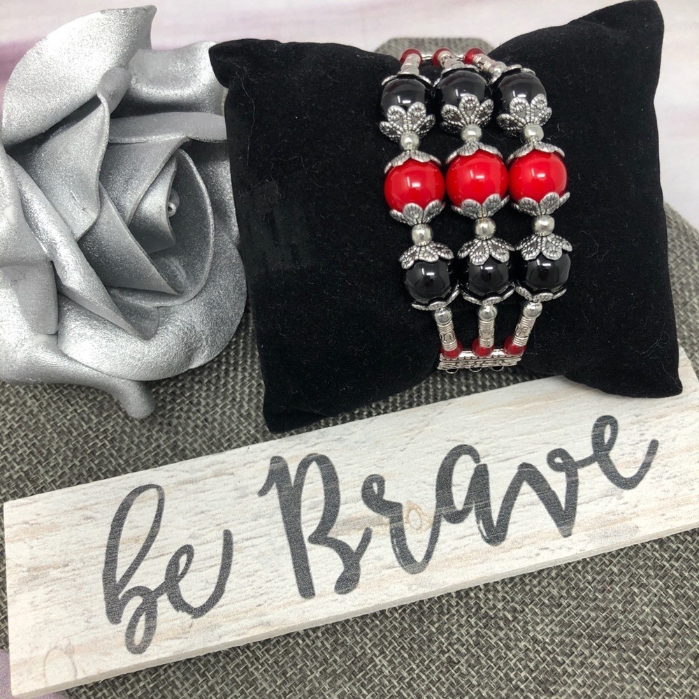 Black & Red 3 Strand Pewter Bracelet
